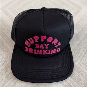 Black Foam Trucker Hat “Support Day Drinking” Pink Graphic Snapback Mesh